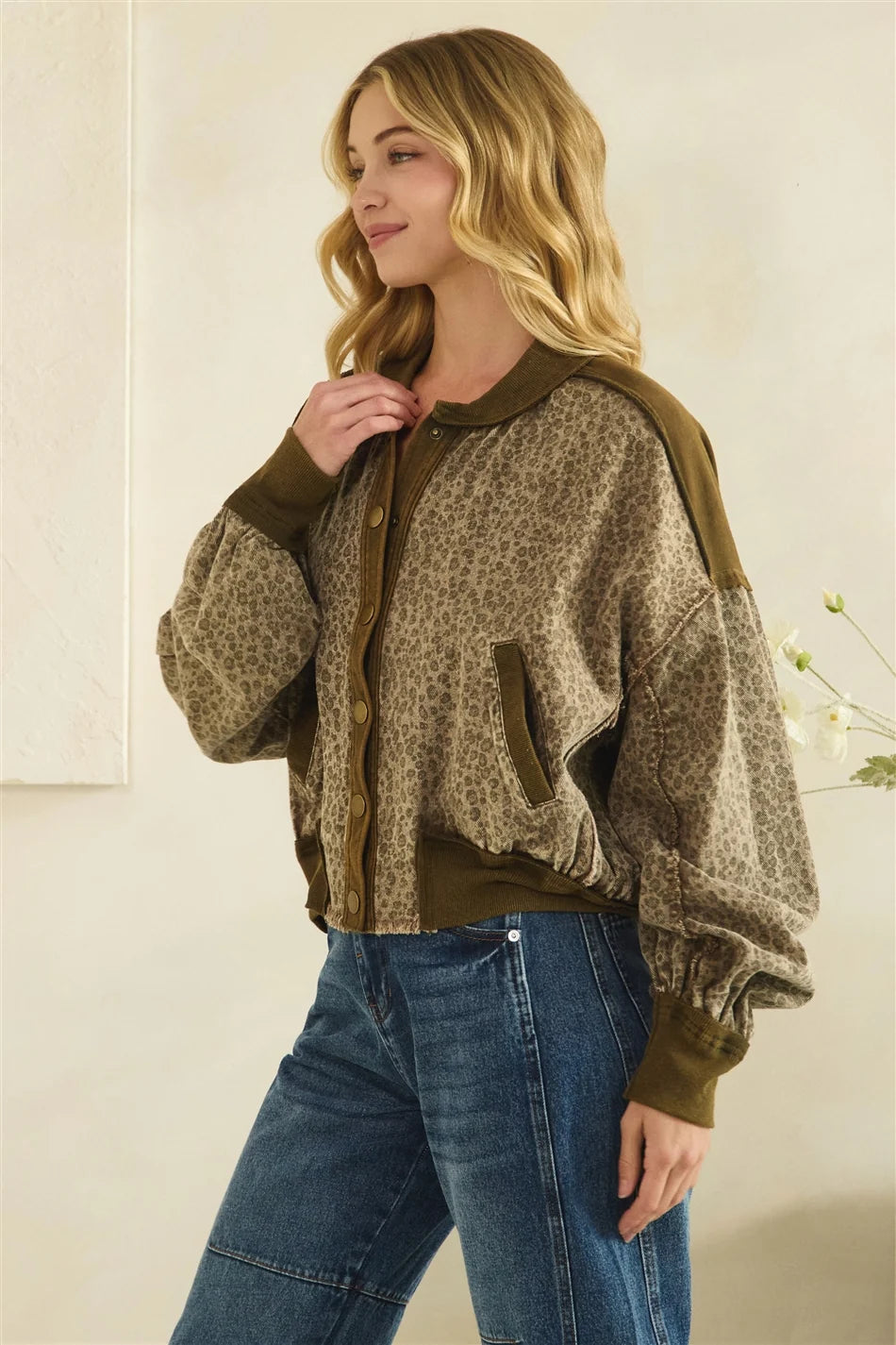 Washed Leopard Print Bomber Jacket