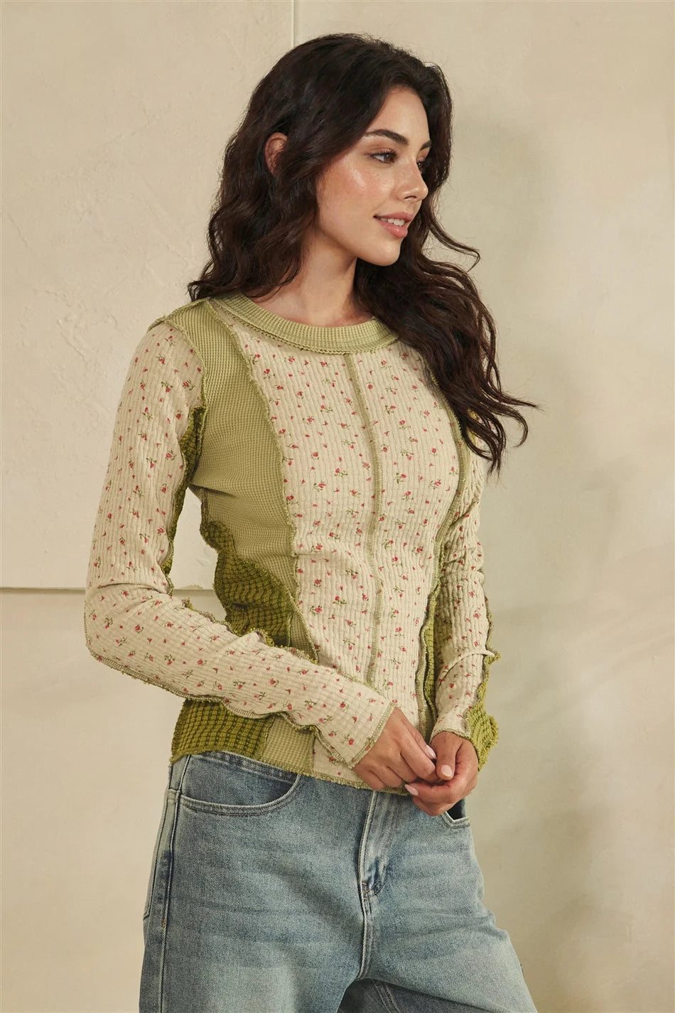 Washed Ditsy Print Waffle Mix Top