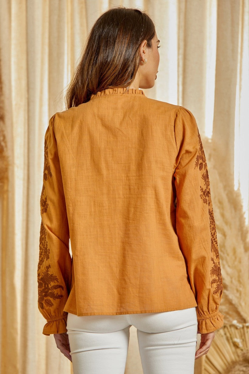 Ruffle Detail Tassel All Over Emb. Long Sleeve Top Marigold