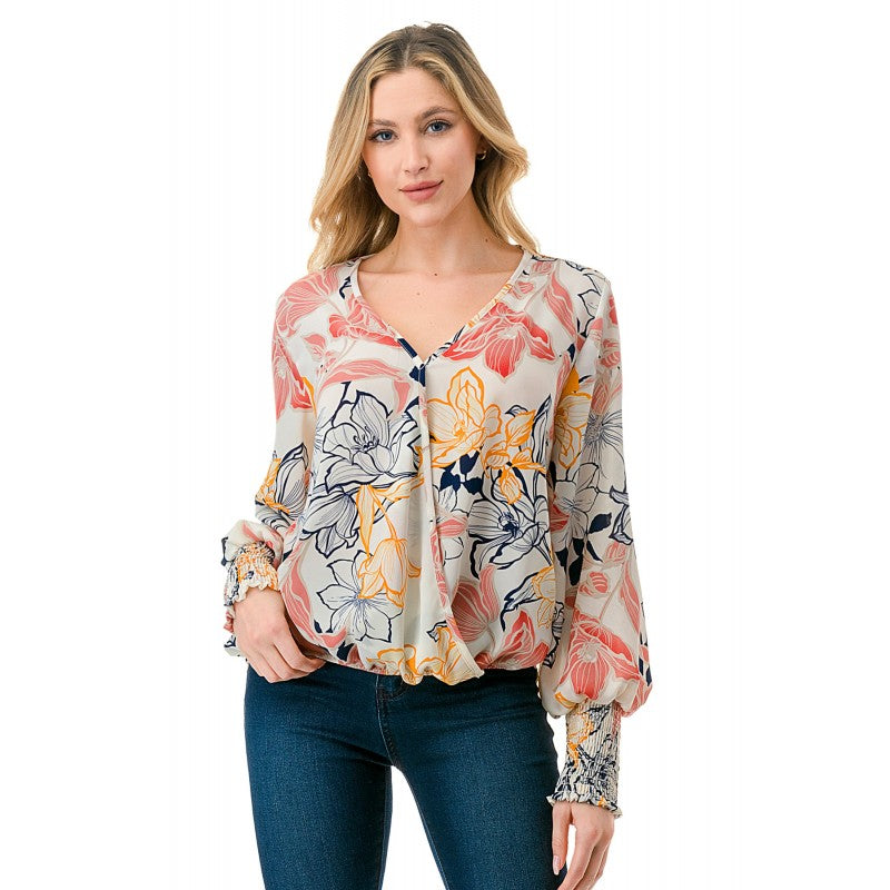 Smock Cuff Sleeve Surplice Top Ivory Lillies