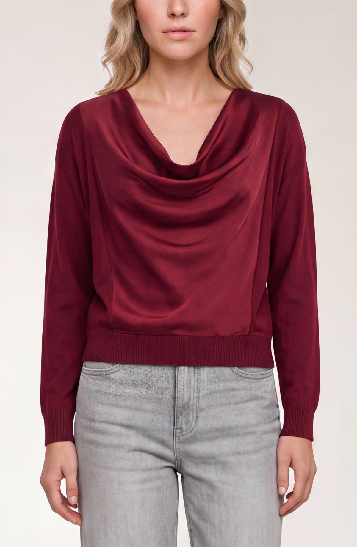 Long Sleeve Satin Drape Neck Woven Back Top