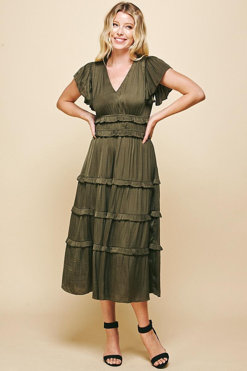 Satin V Neck Ruffle Detail Tiered Midi Dress Olive