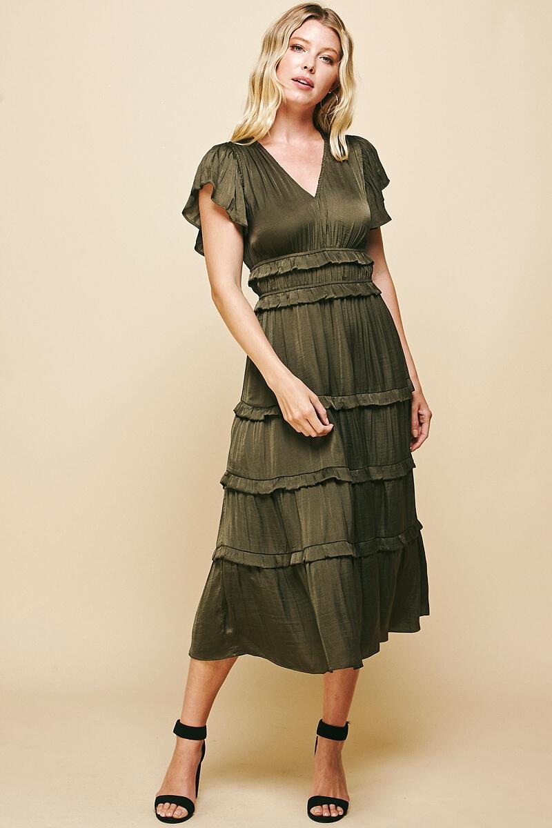 Satin V Neck Ruffle Detail Tiered Midi Dress Olive
