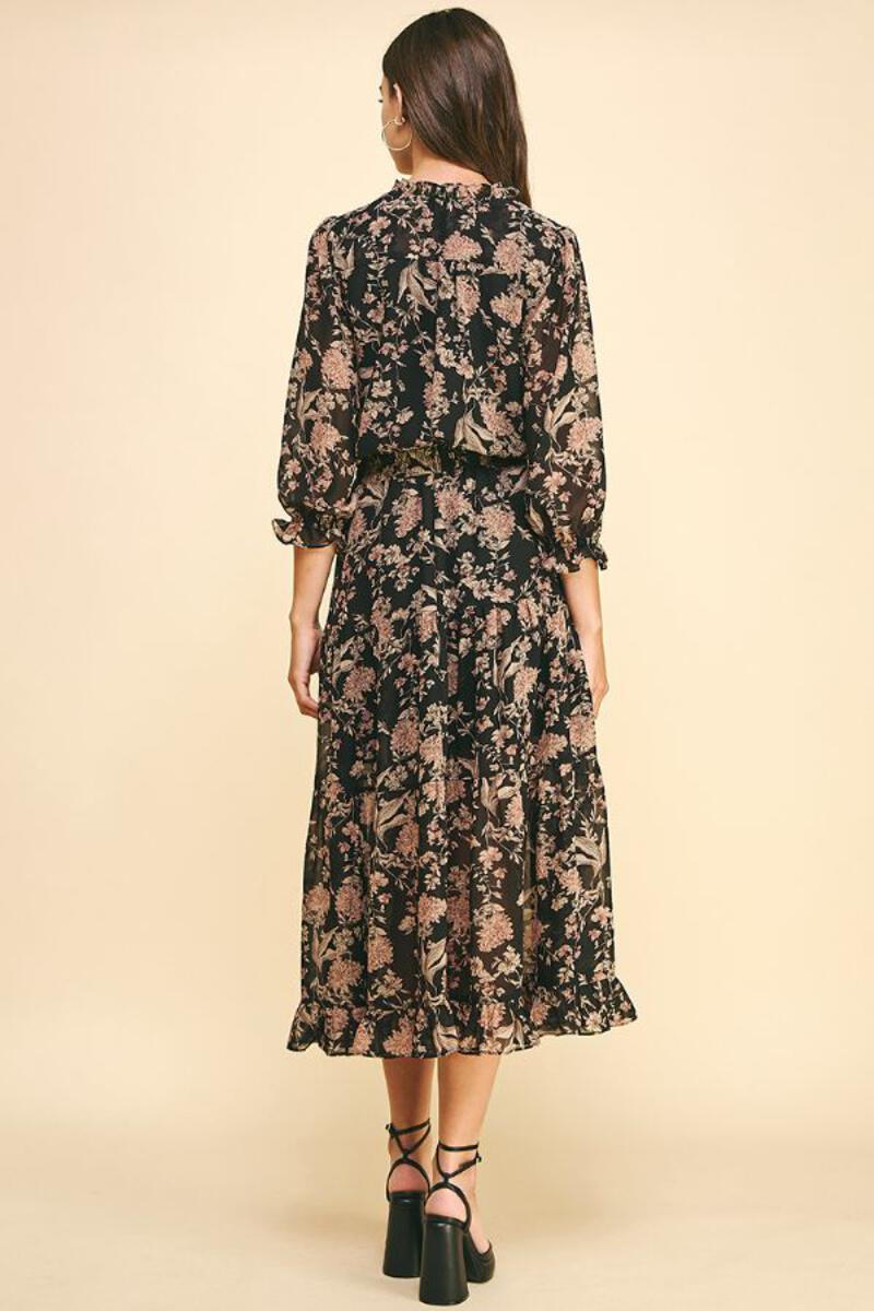Vintage Floral Tie Dress Black