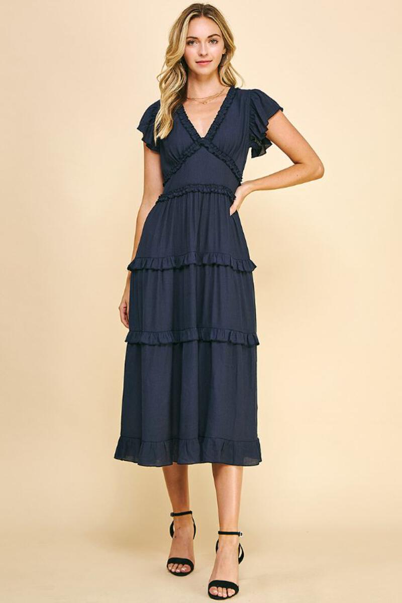 Ruffle Tea Length Dress Deep Navy