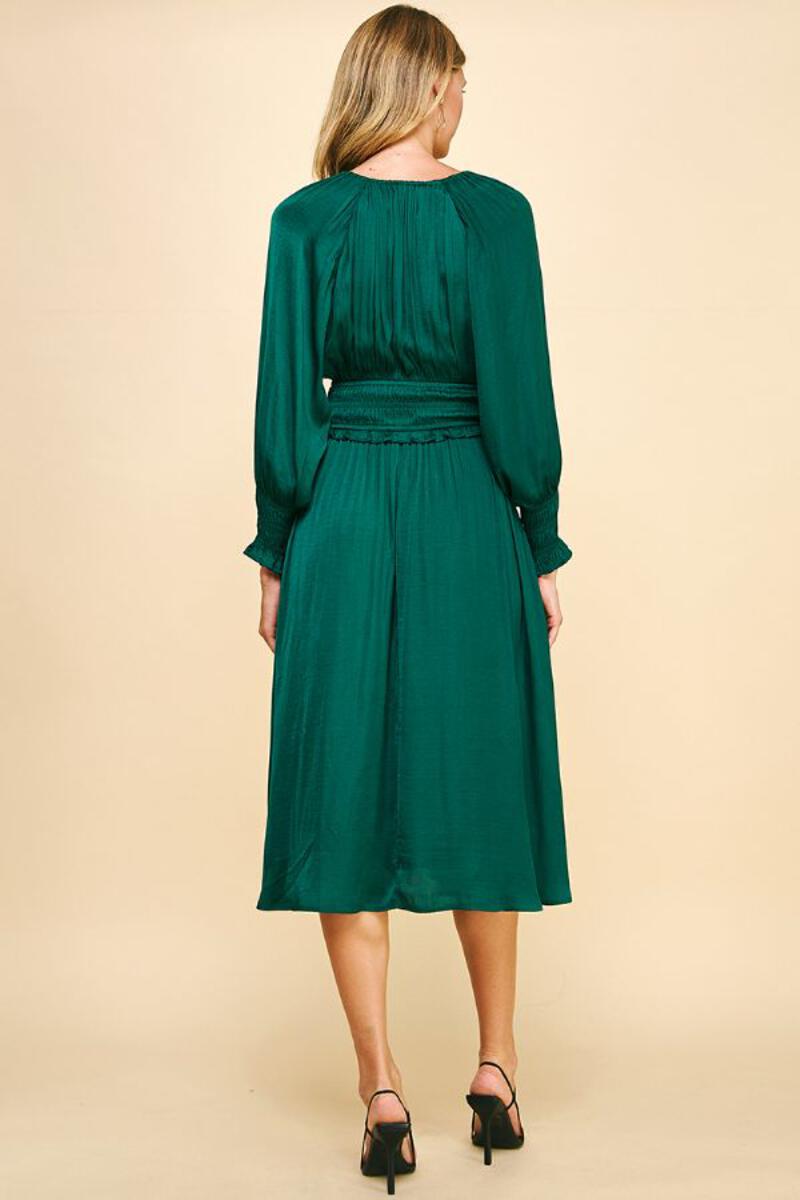 Tie Neck Ruffle Waist Satin Midi Dress Hunter Green
