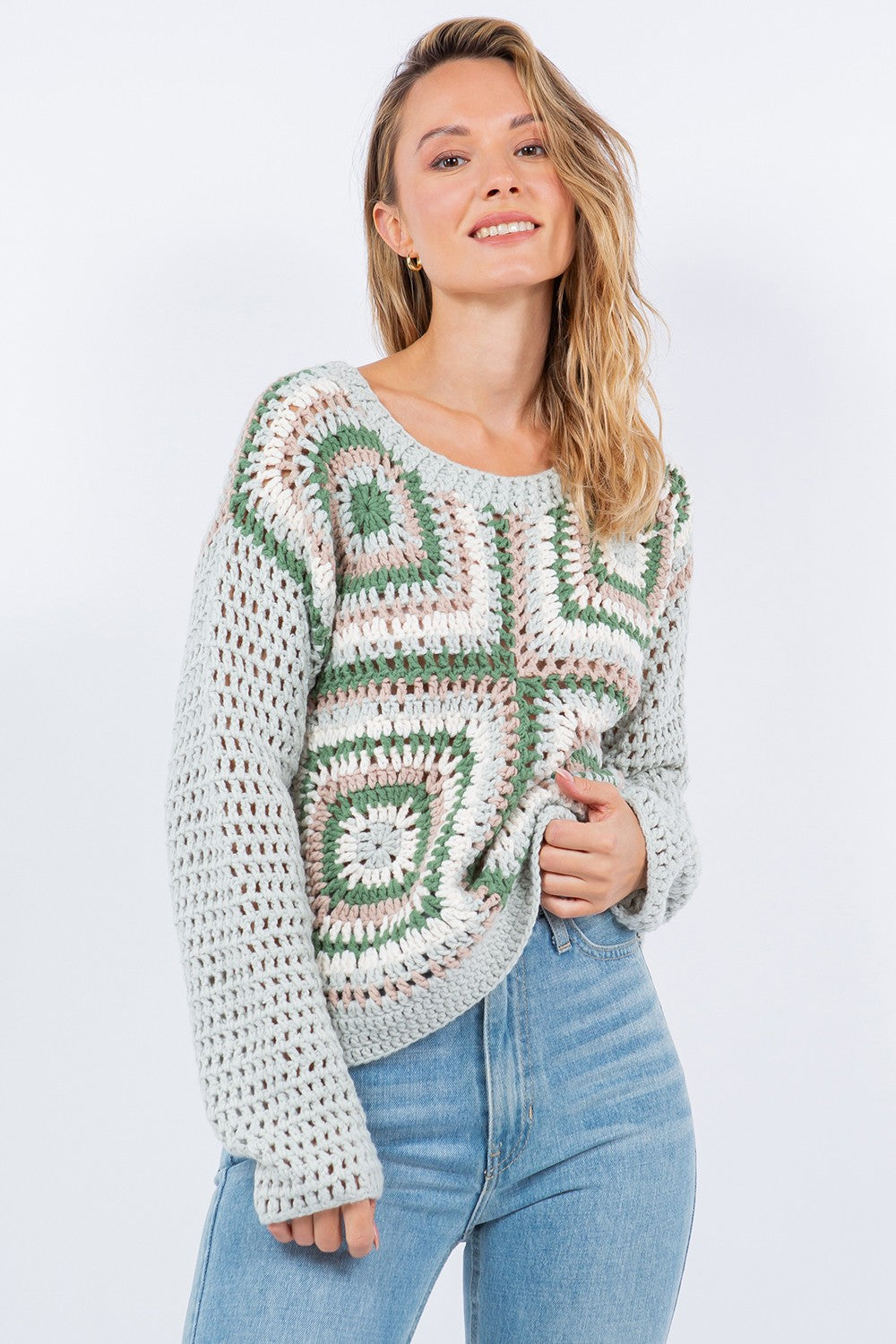 Open Knit Crochet Squares Sweater Sage