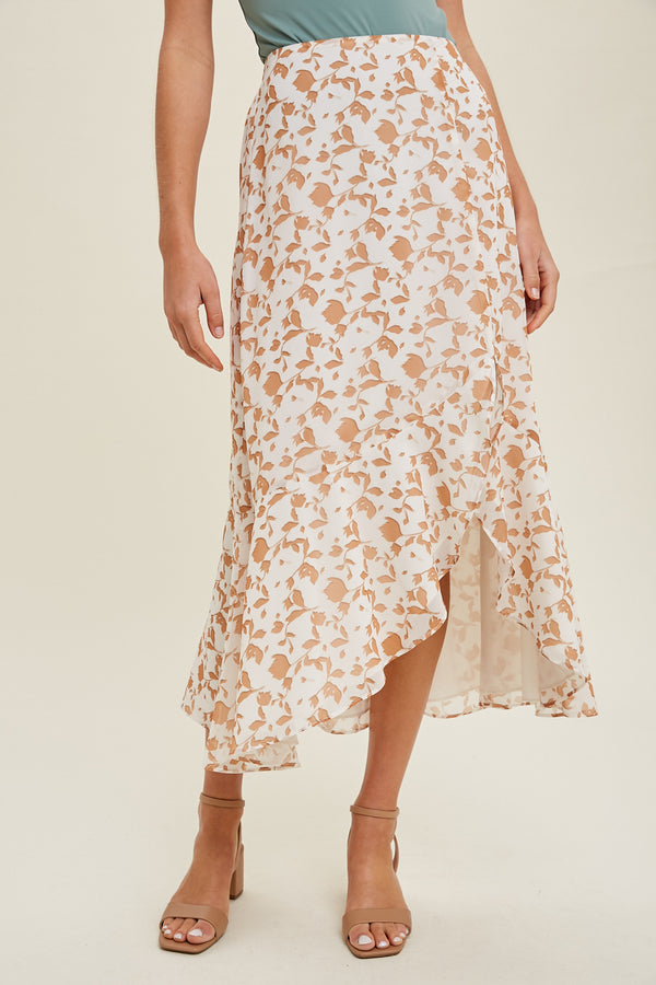 Floral Asymmetric Ruffle Hem Skirt