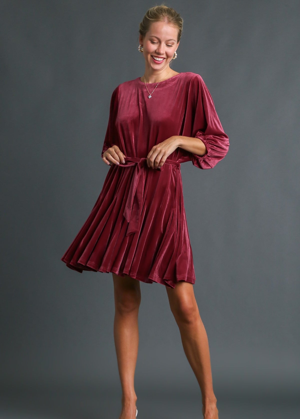Velvet Round Neck Tie Belt Mini Dress Sangria