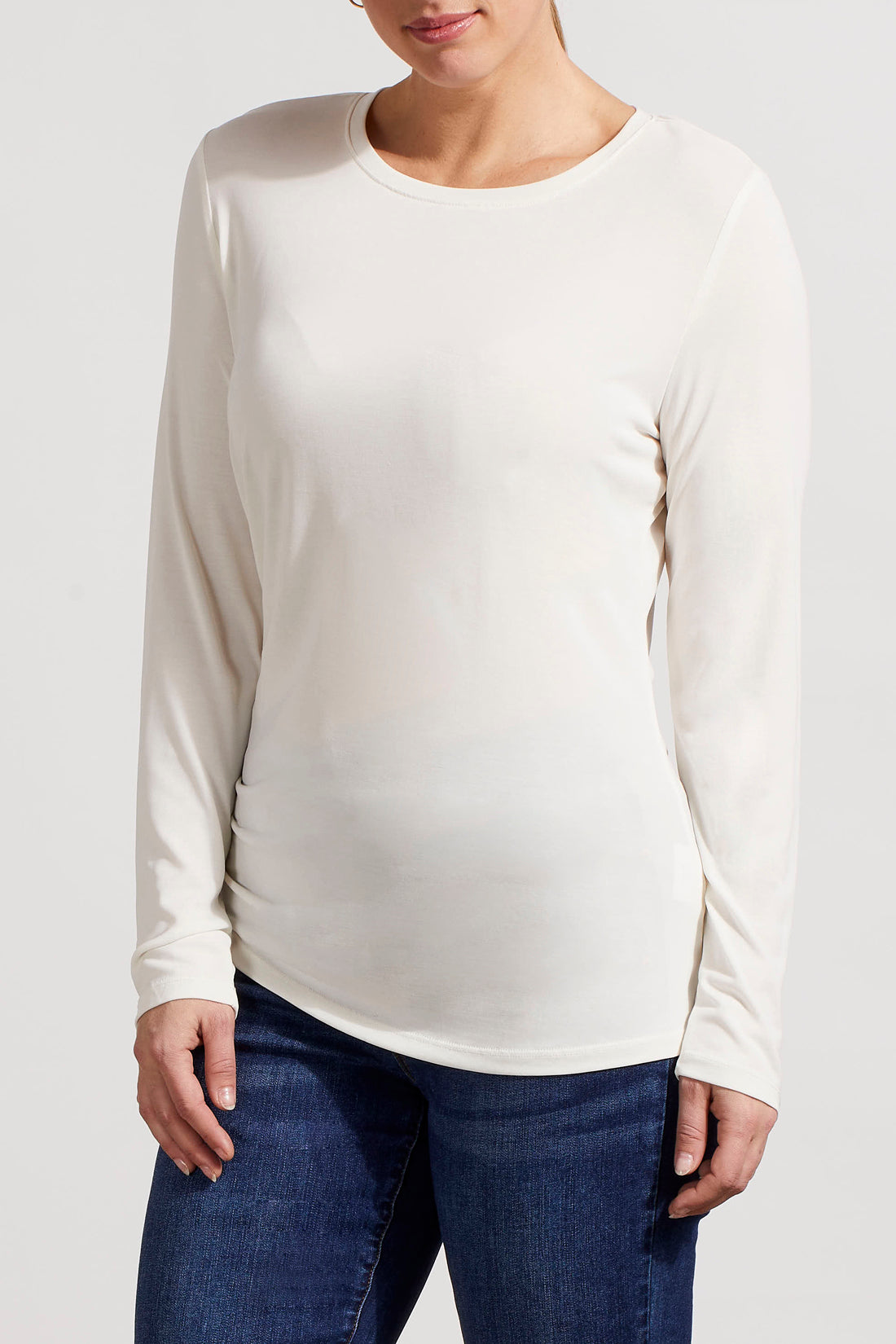 Side Ruche Long Sleeve Crew Neck Shirt Cream