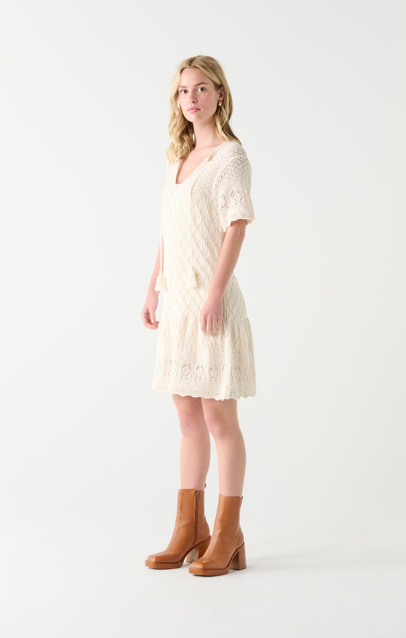 Tassel Tie Pointelle Knit Mini Dress Cream