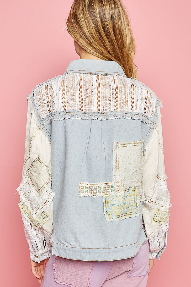 Mix Textured Print Patchwork Denim Jacket Light Denim
