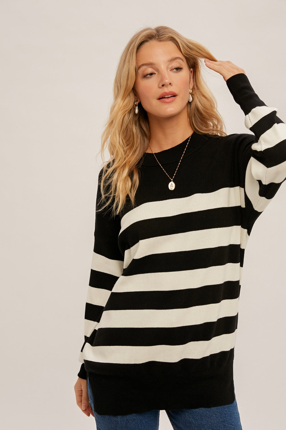Stripe Oversized Sweater Tunic Black + Ivory