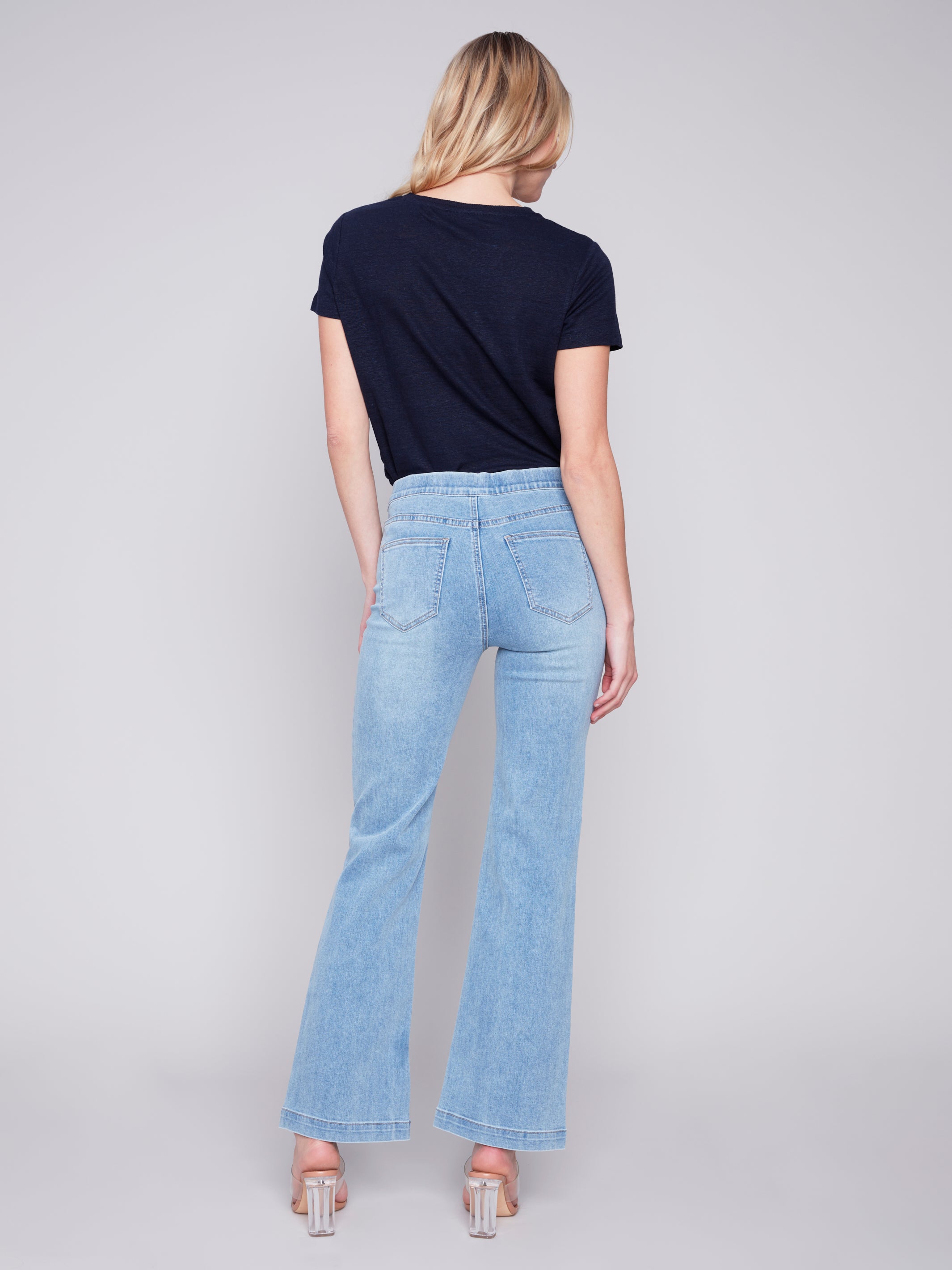 Detailed Button Waist Flare Twill Pants Light Blue