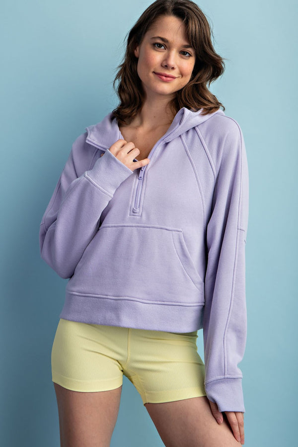 French Terry Cropped Quarter Zip Hoodie Lavender Fog