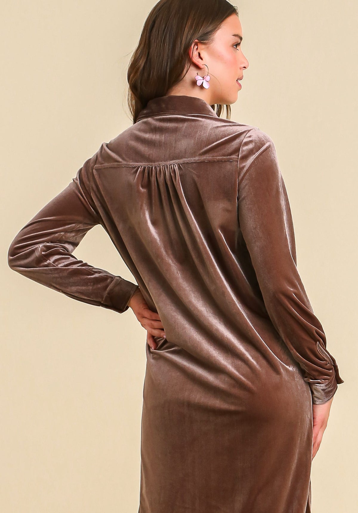 Button Up Velvet Midi Shirt Dress Almond