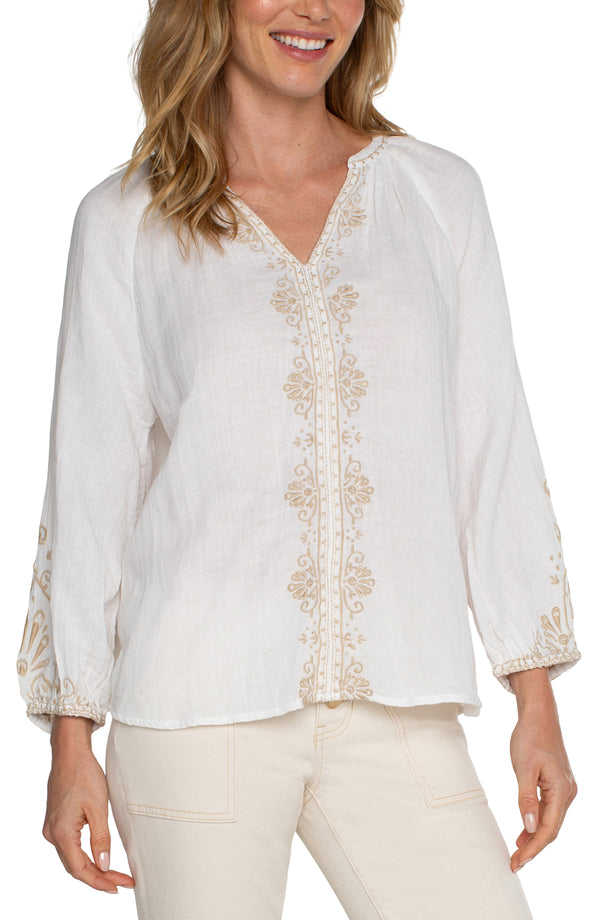 Embroidered Double Gauze Woven Top Off White + Tan