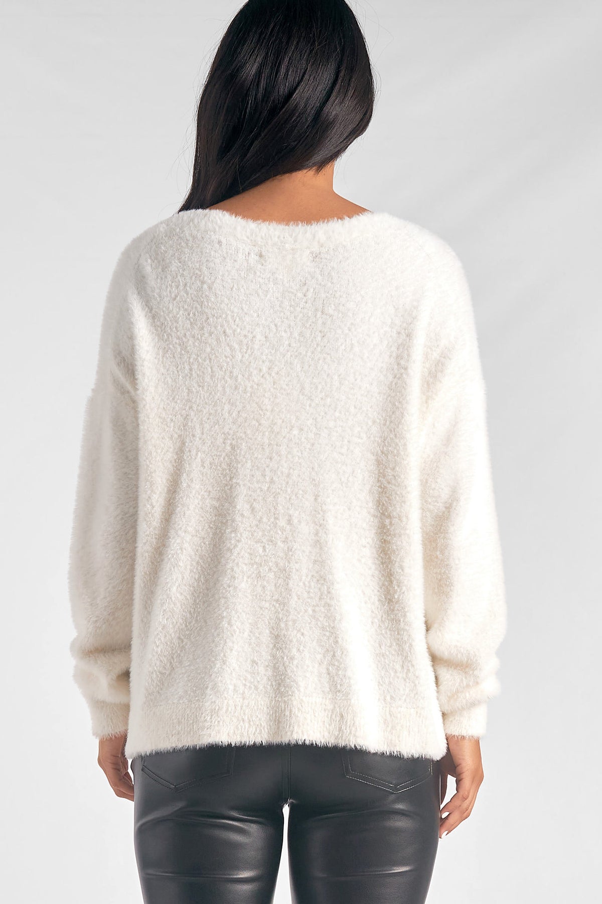 Crystal Buttoned Fuzzy Cardi Off White