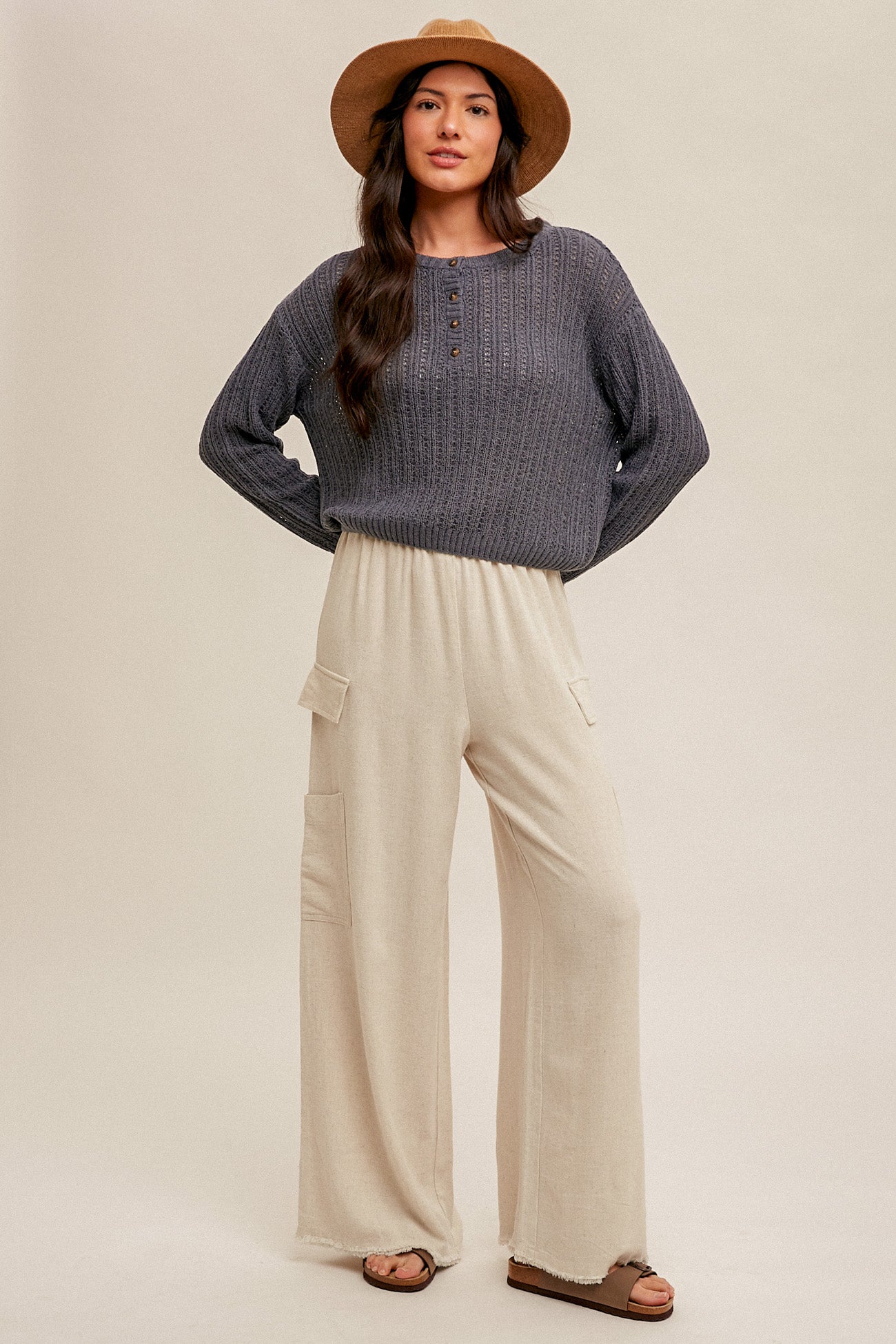 Cargo Pocket Side Fringe Hem Linen Pants Ecru