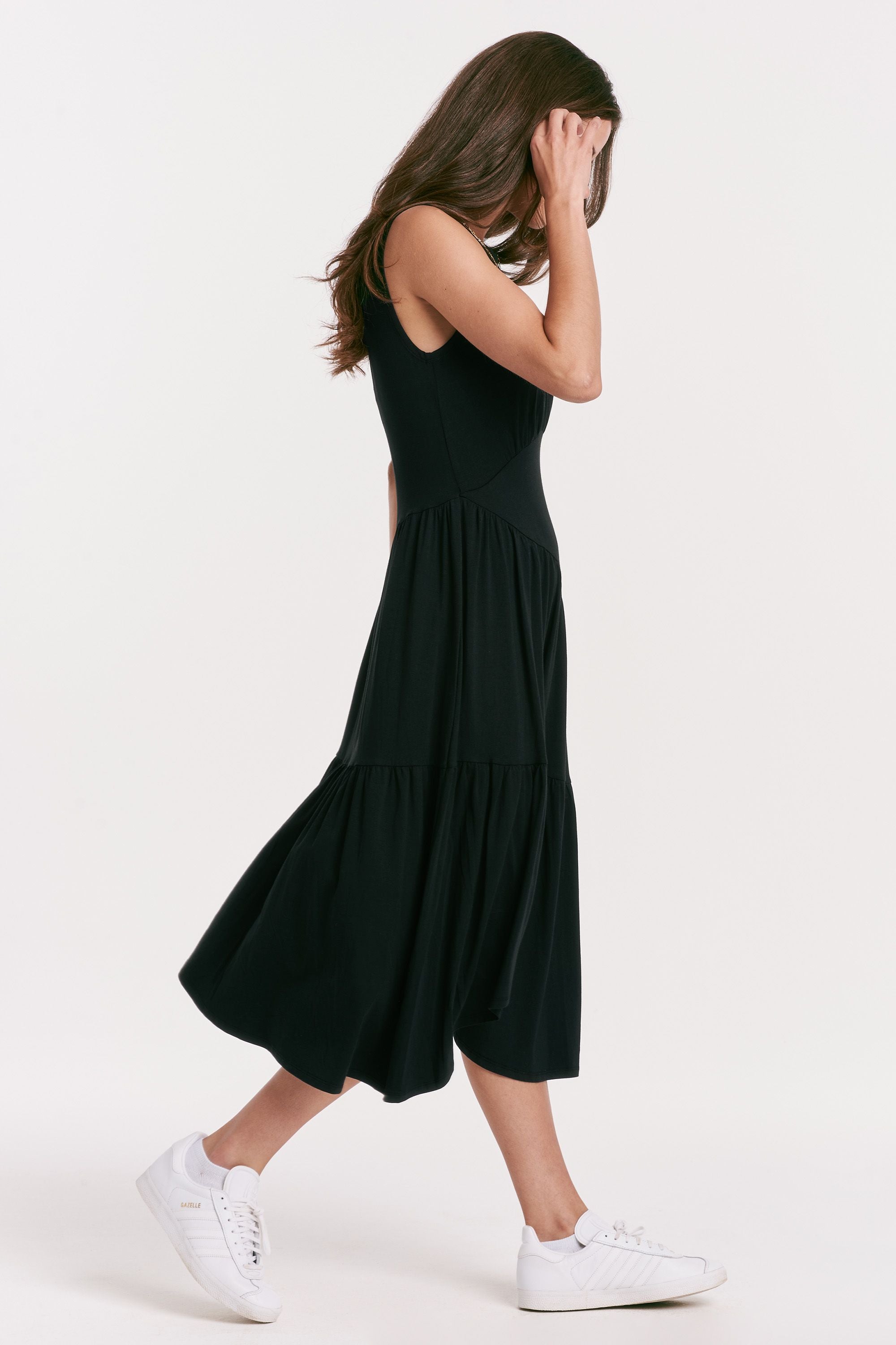 Rome Assymetric Tiered Midi Dress Black