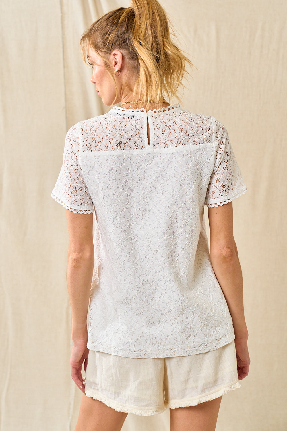Scallop Detail All Over Lace Top Off White