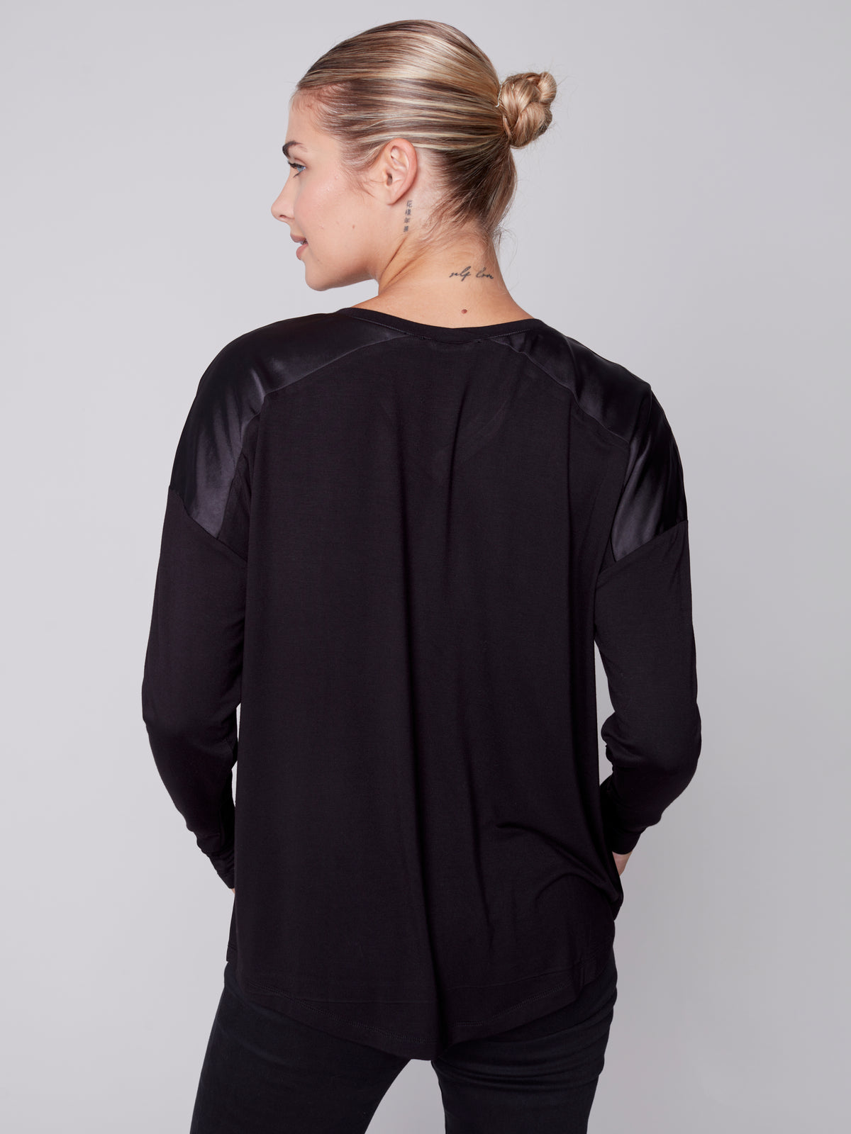 Satin Contrast Knit Top Black