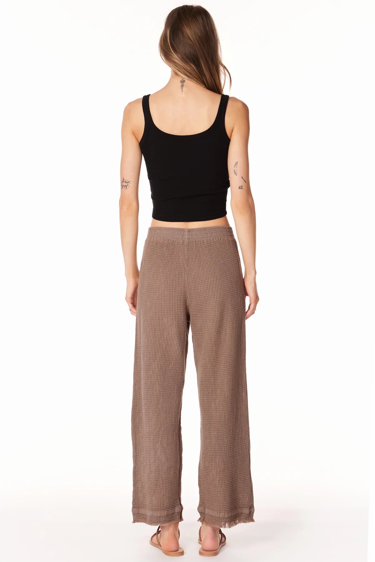 Cropped Wide Leg Fray Hem Waffle Pants Hazelnut