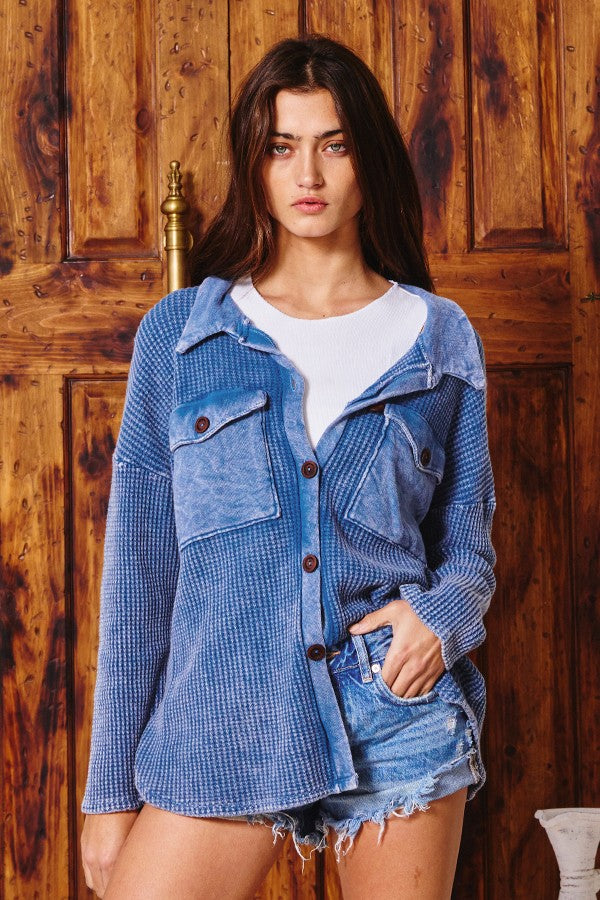 Vintage Wash Waffle Knit Shacket Denim Blue
