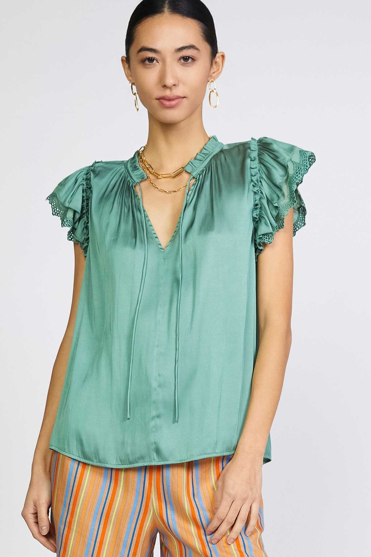 Lace Trim Ruffle Cap Sleeve Blouse Sage Green