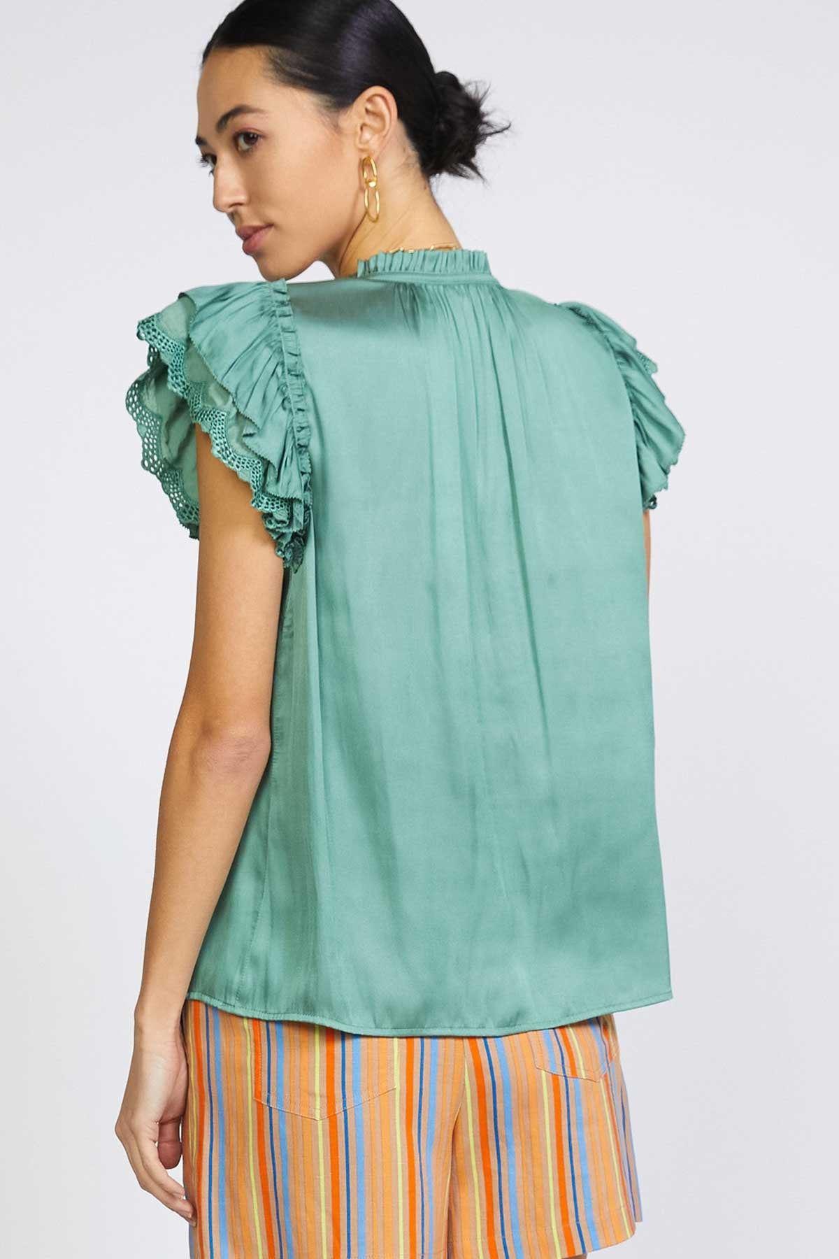 Lace Trim Ruffle Cap Sleeve Blouse Sage Green