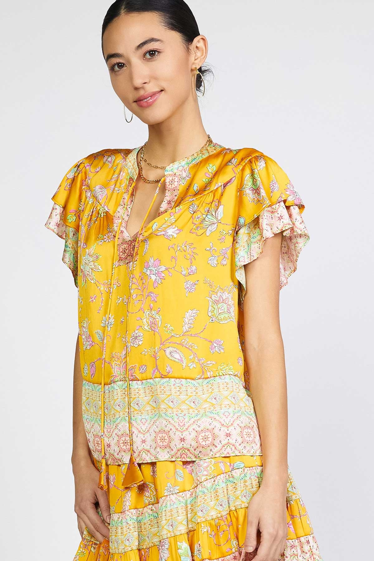 Border Print Layered Flutter Sleeve Blouse Yellow Multi