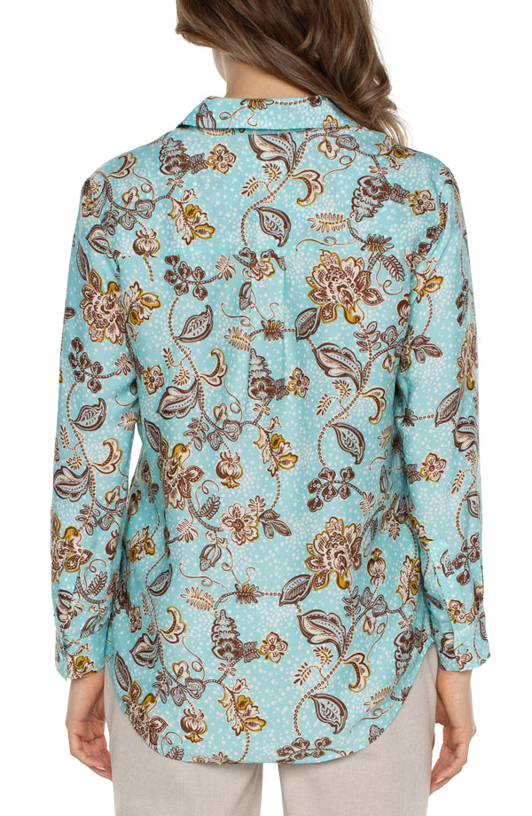 Printed Woven Button Up Shirt Pastel Turquoise Floral