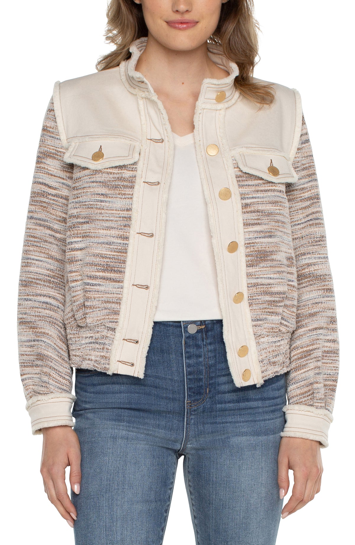Cropped Denim Boucle Mix Fray Jacket Ecru Multi