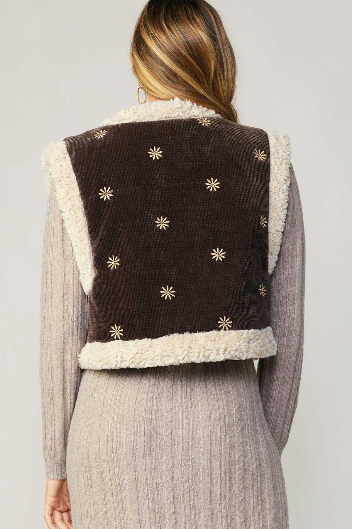 Reversible Sherpa Floral Detail Vest Brown Sand