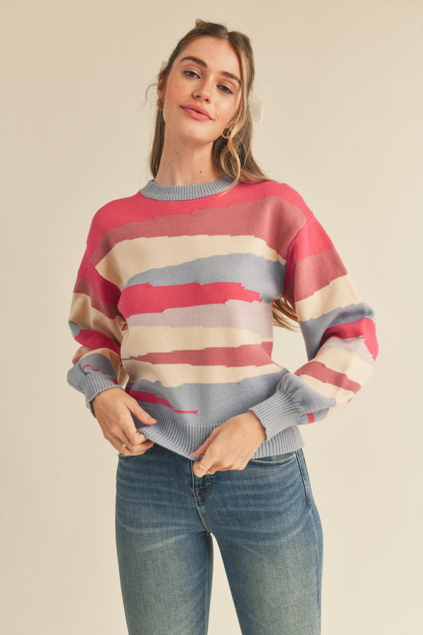 Multi Color Uneven Striped Balloon Sleeve Sweater