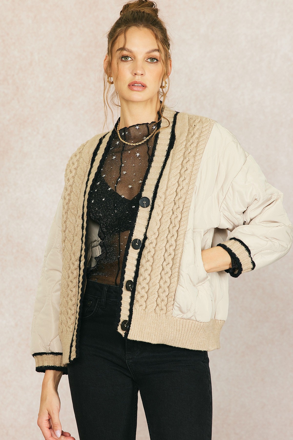Quilted Colorblock Sweater Cardi Jacket Taupe