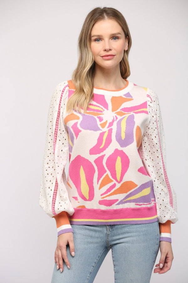 Contrast Lace Sleeve Jacquard Sweater Top Cream Multi