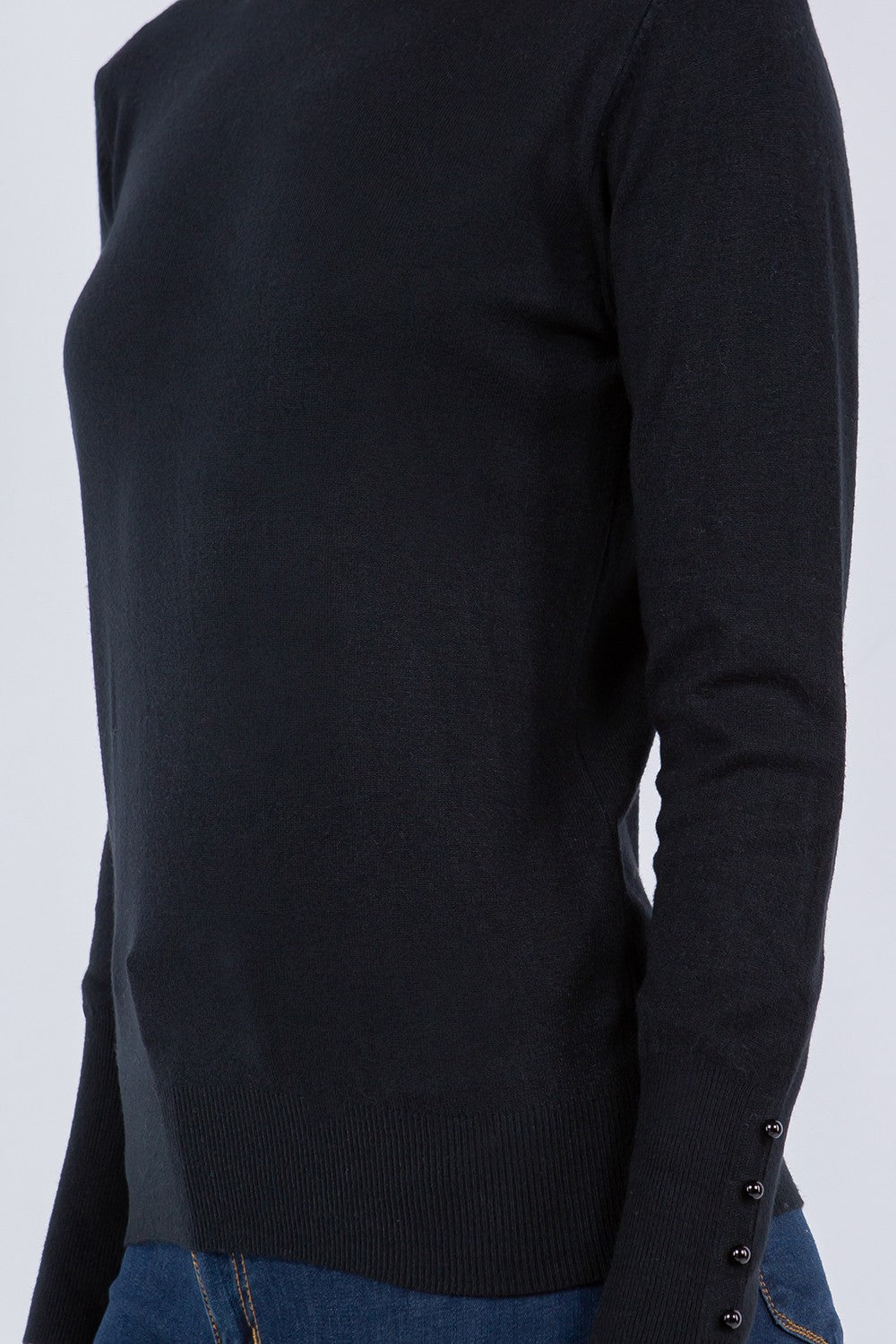 Tonal Button Sleeve Turtleneck Top Black