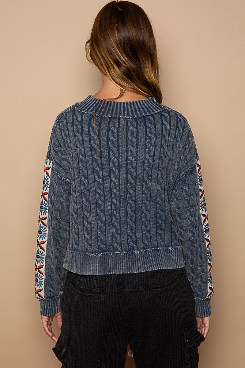 Vintage Wash Trim Sleeve Sweater Blue Mist