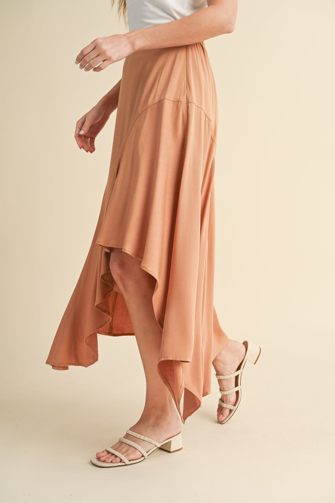 High Low Asymmetric Hem Skirt Camel