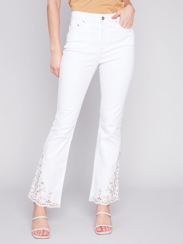 Embroidered Boot Cut Pants White
