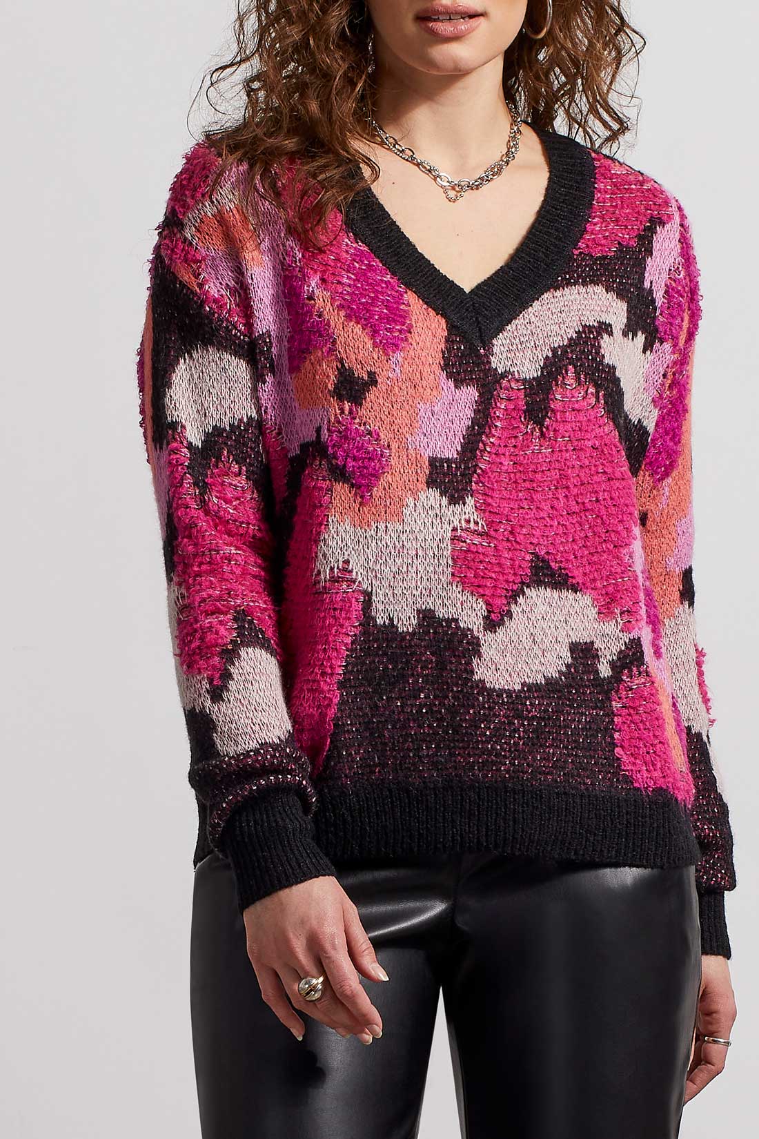 Boucle Knit Camo Vneck Sweater Black + Pink