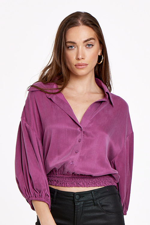 Zariah Relax Fit Smock Hem Collared Top Dark Purple