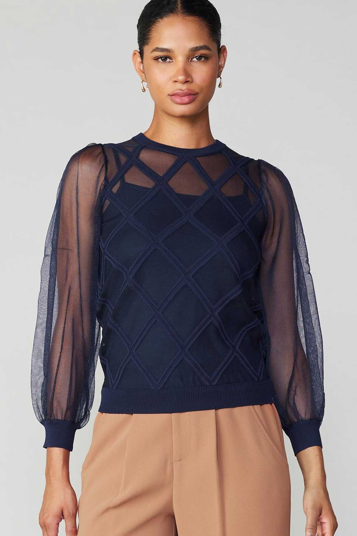 Diamond Grid Sheer Sleeve Top Navy