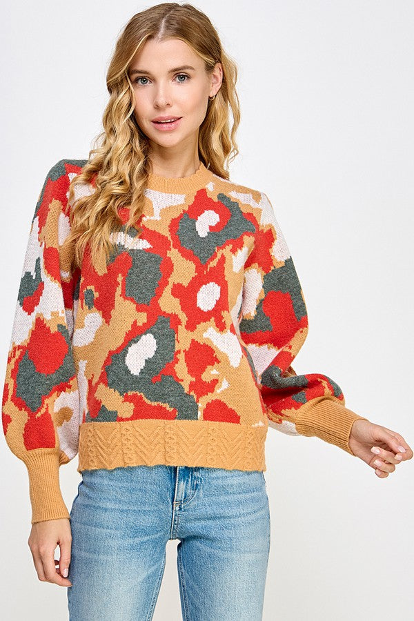 Camo Prints Scallop Neck Sweater Tan