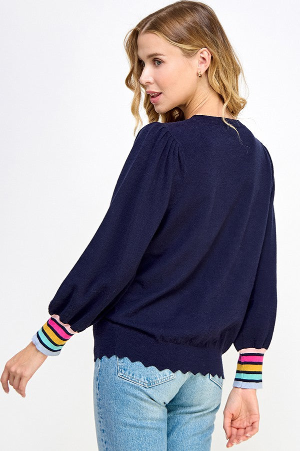 Sequins Trees Stripe Cuff Sweater Top Navy