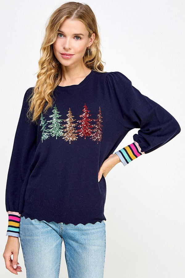Sequins Trees Stripe Cuff Sweater Top Navy