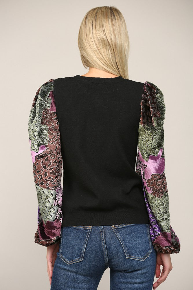 Contrast Burnout Velvet Sleeve Sweater Top Black