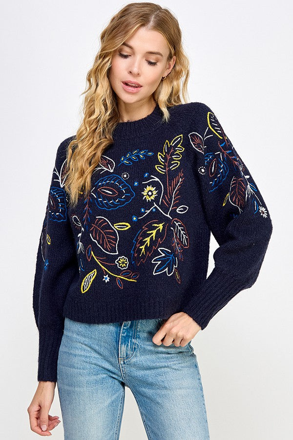 Emb. Floral Leaves Fuzzy Sweater Navy