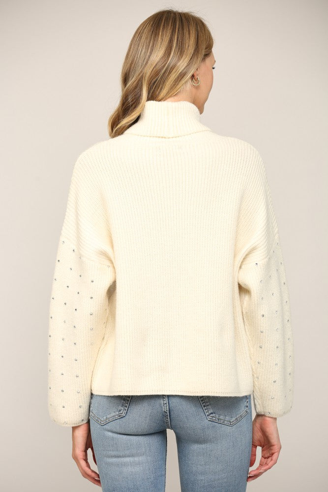 Crystal Embellished Turtleneck Sweater Cream